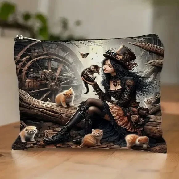 Gothic Style Cat & Steampunk Mechanical Design Steampunk Makeup / Cosmetic Bag