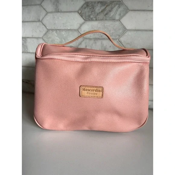 Moscardini‎ Firenze Pink Italian Leather Toiletry Bag Travel Cosmetic Makeup