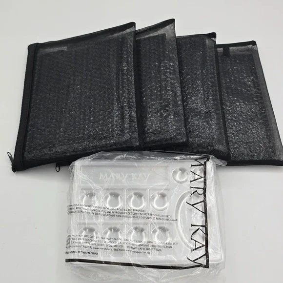Mary Kay 4 Mesh Zipper Pouches Folding Tabletop Mirror and Makeup Tray Set Black