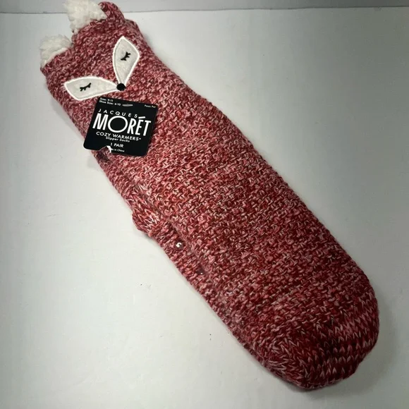 JACQUES MORET Cozy Warmers Slipper Socks Animal Fox Pink Sherpa Lined NWT