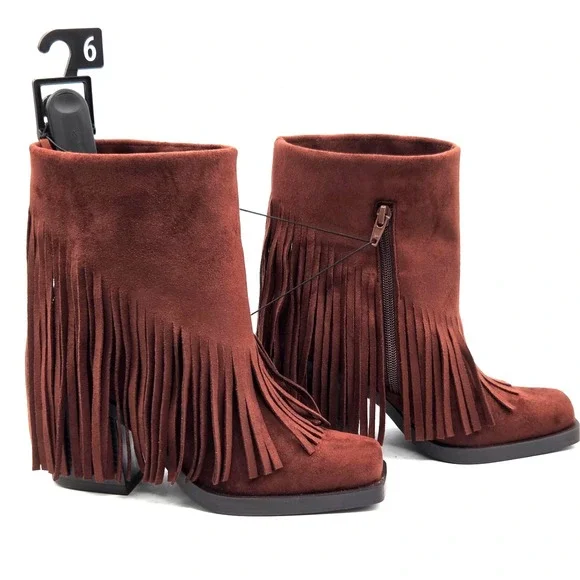 NEW Brown Suede Fringe Ankle Boots Booties Block Heel Zip Up Square Toe Size 6