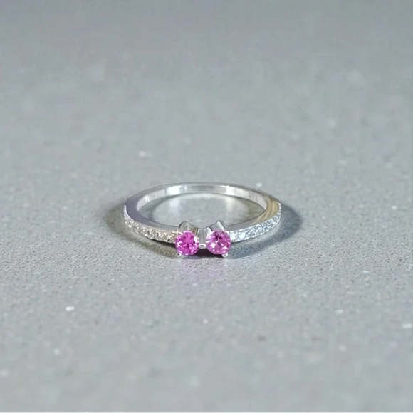 Created Pink Double Sapphire & Simulated Diamond Sterling Silver Stackable Ring