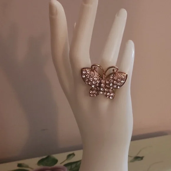 JTV Off Park Crystal Butterfly Gold Tone Stretch Ring