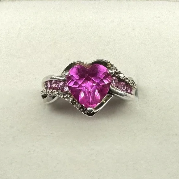 Pink Sapphire & Diamonds & Topaz 925 Sterling Silver Ring Size 5.5