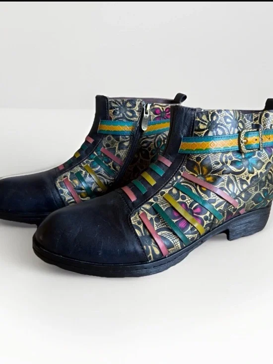 Socofy Women Artsy Leather Ankle Boots Multicolor Boho Chic Hippie Booties US 11