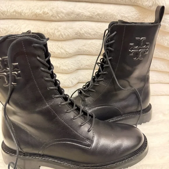 Tory Burch Black Leather Lace-Up Combat Boots with Logo