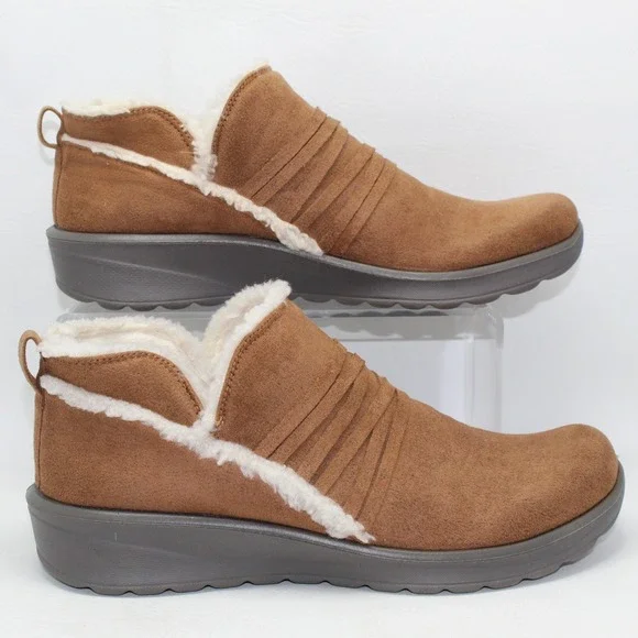 Bzees Glide Womens 9M Brown Fabric Faux Fur Trim‎ Slip On Wedge Ankle Boots