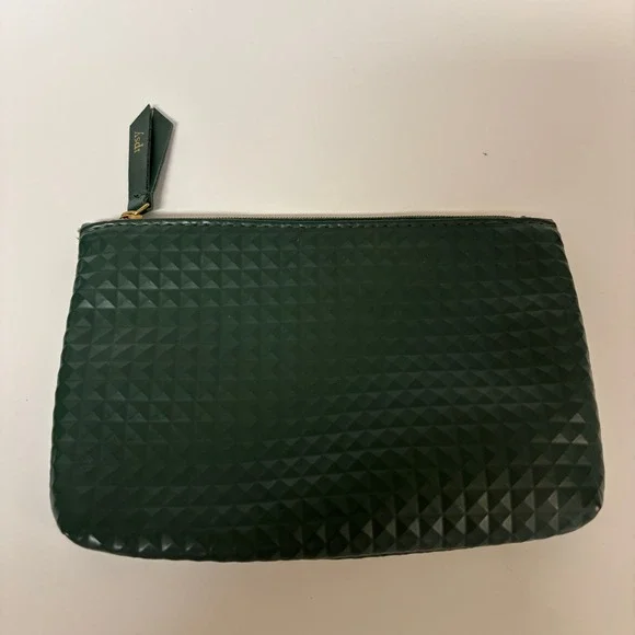 Ipsy Dark Green Textured Geometric Pyramid Makeup Bag Pink Interior Pouch