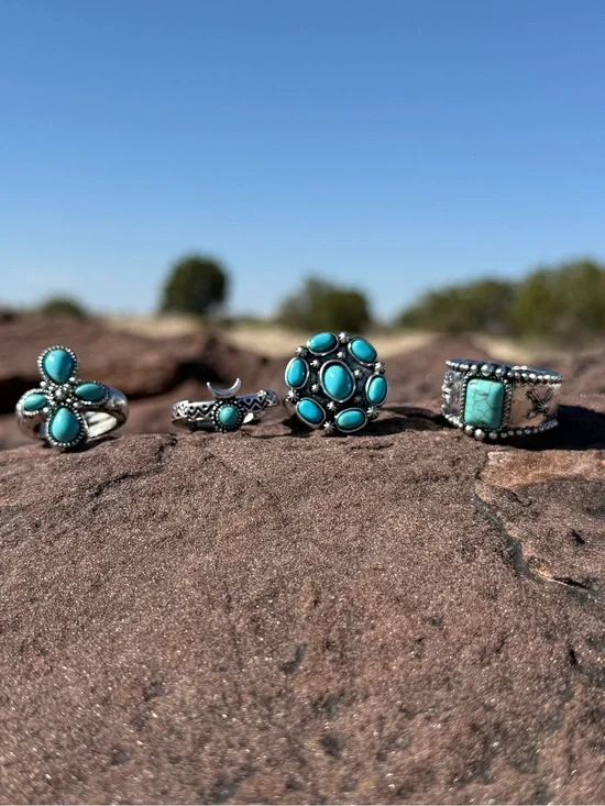 Turquoise Statement Silver Rings - Elastic Stretch Fit
