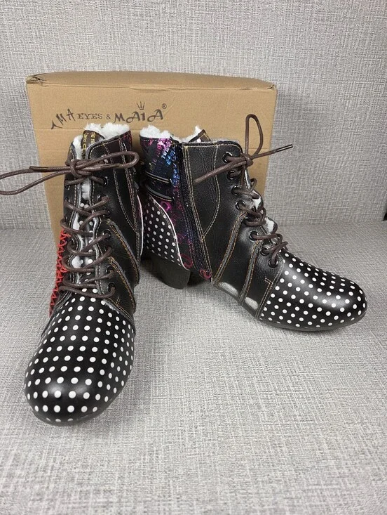 Maia NEW TMA Eyes Polka Dot Leather Ankle Boots Black Brown Womens EU 41 US 9.5