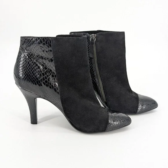 Söfft Makayla Ankle Boots Black Suede Snake Embossed Leather Heel Size 10M