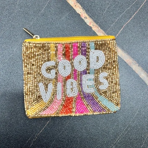 Gold Multicolor Beaded Pouch Bag with Vibrant Design