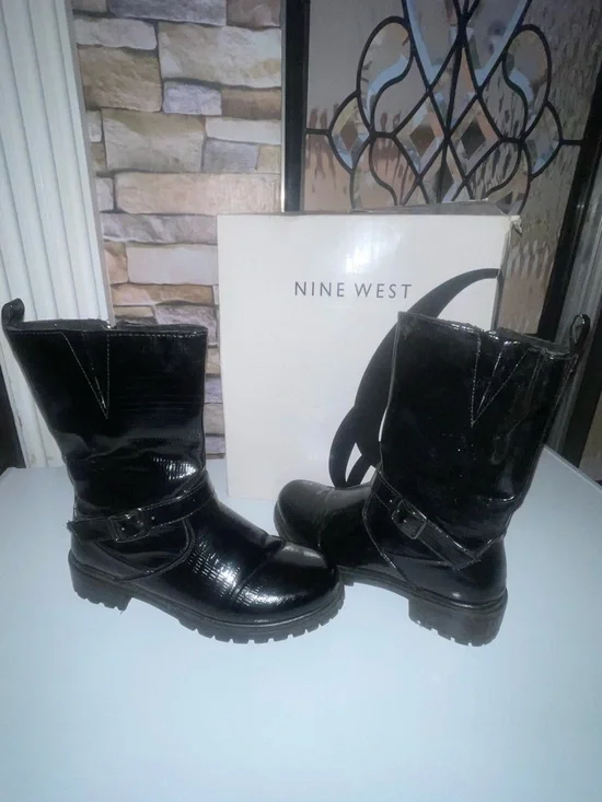 Nine West Black Patent Harness Mid-Calf Boots with Buckle