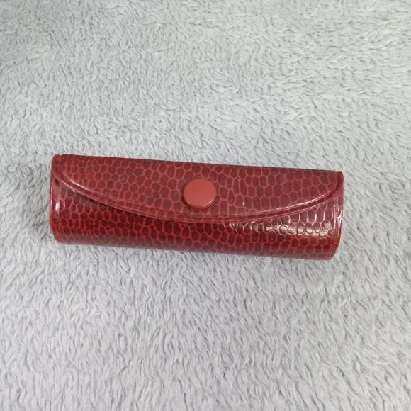 Vintage Red Snakeskin Embossed Lipstick Case with‎ Built-in Mirror Snap Closure