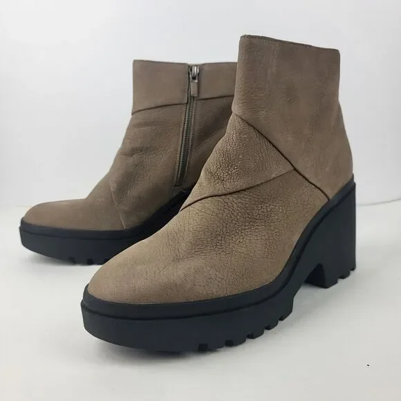 Eileen Fisher Tan Taupe Leather Lug Platform Ankle Booties Boots Size 11