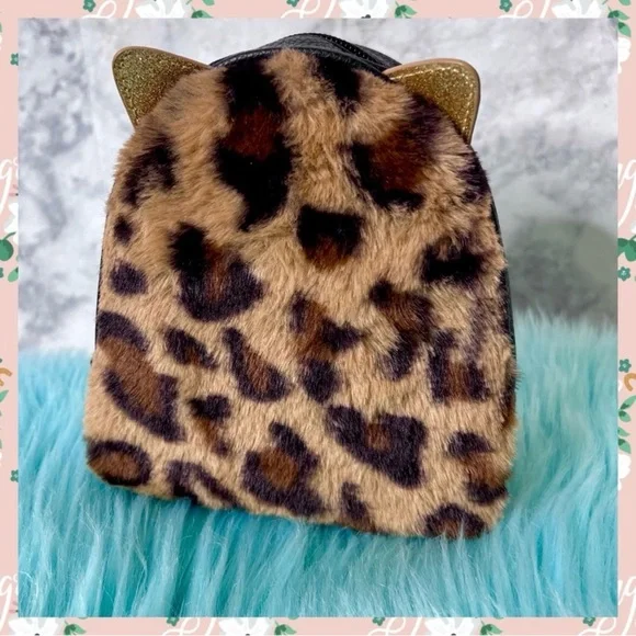 Bath & Body Works Leopard Print Faux Fur Cosmetic Bag Cat Ear Collectible NWOT