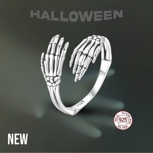 New 925 Sterling Silver Halloween Vintage Skeleton Hand Ring