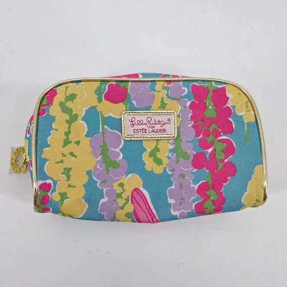 Lilly‎ Pulitzer for Estee Lauder Floral Makeup Bag Blue Pink Yellow Gold Trim
