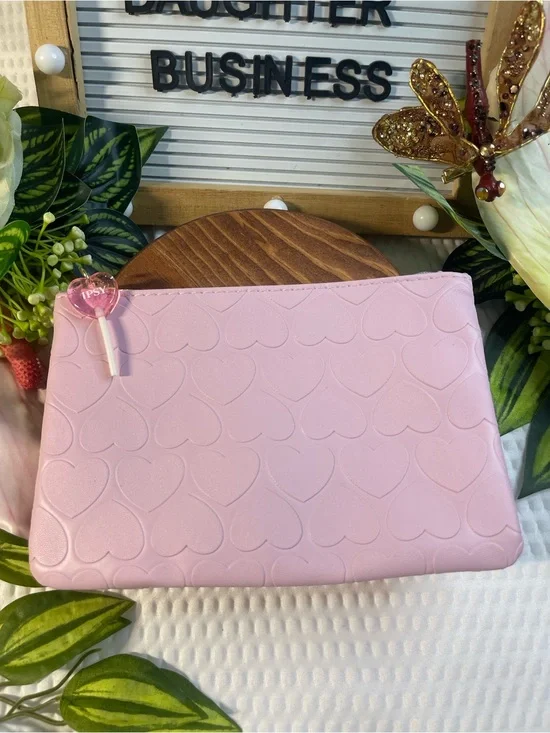 IPSY Pink Heart Embossed Makeup Cosmetic Bag Pouch w Heart Zipper Pull