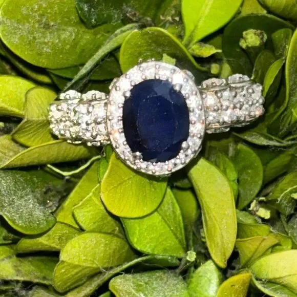 New 925 silver STS medium blue sapphire/ CZ cushion/halo ring Sz 9 fancy setting