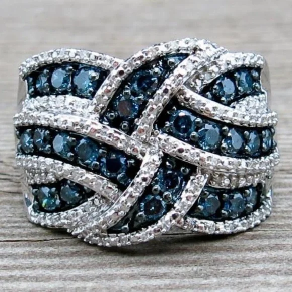 NEW Silver Blue Sapphire Braided Wide Band Wedding Ring