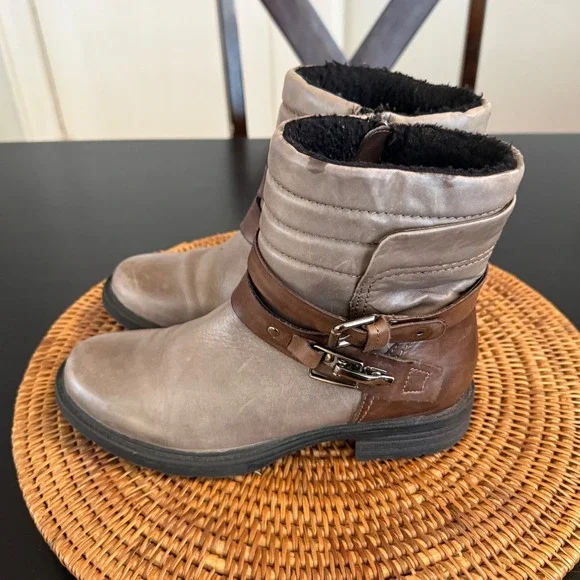 Earth Pepperidge Storm Grey Leather Faux Fur Lined Ankle Boots‎ Womens 7B