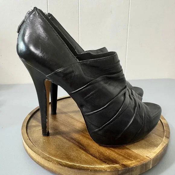 Vince Camuto Black Ruched Peep Toe Stiletto Heel Booties Ankle Boots Size 6.5