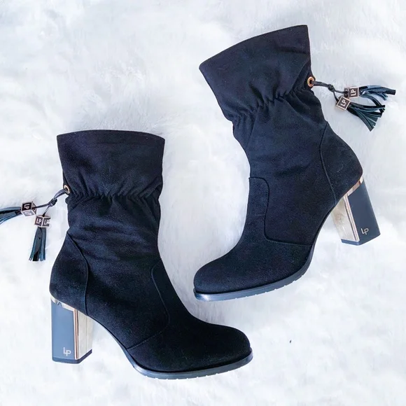 $498 | Loretta Pettinari | Suede Leather Black Ankle Boots Tassel Block Heel 40