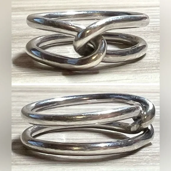 Designer Signed M Sterling Silver Modernist Linked Dual Band Ring, Size 6