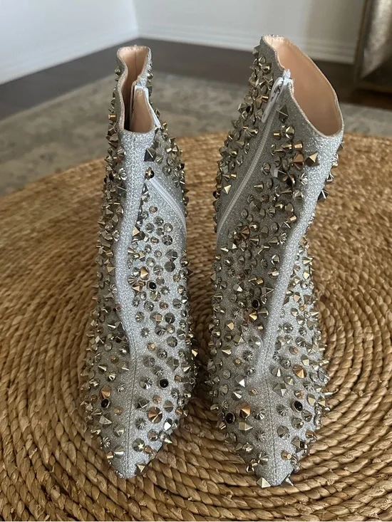 FSJ Silver High Heel Ankle Boots Rivets Closed Pointed Toe Stilettos Zipper Shoe