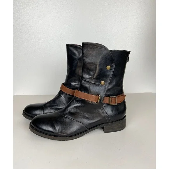 Anthopologie Everybody by BZ Moda Black Leather Boots Size 41 US 10 Moto Buckle