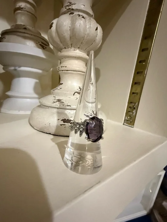 Silver Tone and Faux Amethyst Cocktail Ring with Rhinestones