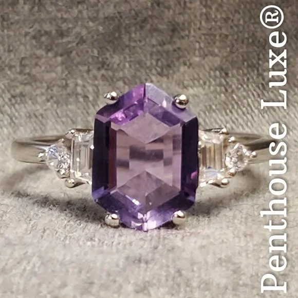 SOLID 925 Sterling Silver Purple Amethyst Elongated Hexagon Cut Ring