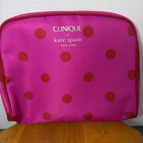 Clinique x Kate Spade Cosmetic Makeup‎ Bag Pink Polka Dots Travel Vacation