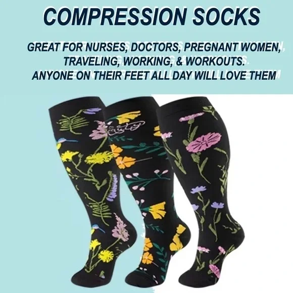 Unisex 15-20 mmHg Compression Socks 2XL Floral‎ Knee High Medical Black 3 Pack