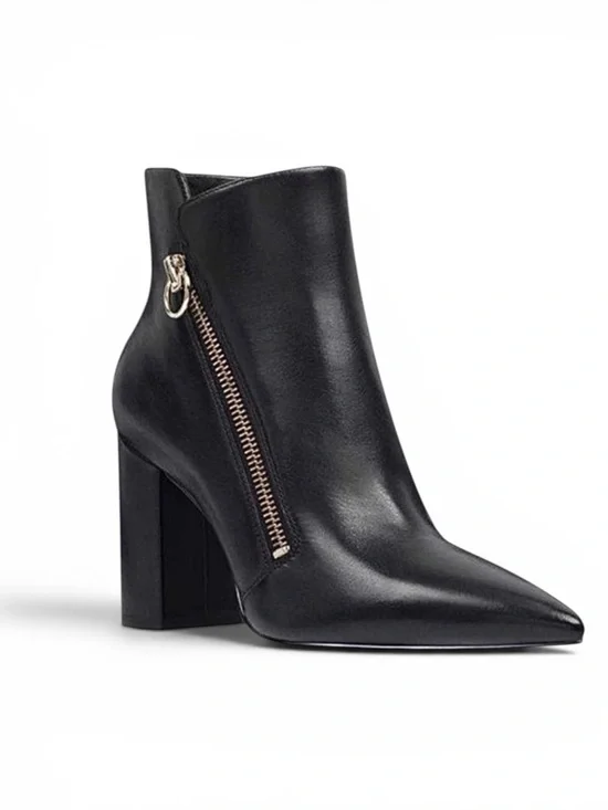 NINE WEST RUSSITY BLACK LEATHER POINTED TOE ASYMMETRIC ZIP ANKLE BOOTS BOOTIES