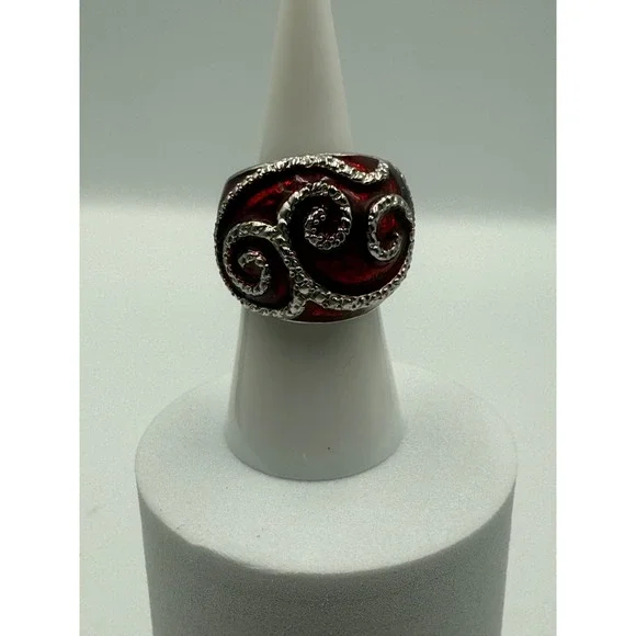 Red Enamel Silver Tone Swirl Statement Cocktail Dome Ring Size 7.5