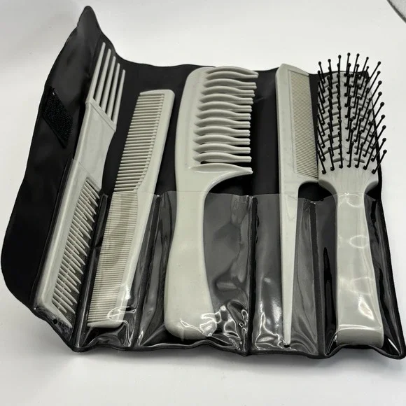 Vtg Burmax 6 pack Wide Tooth Combs Pick Large Hair Brush With Case