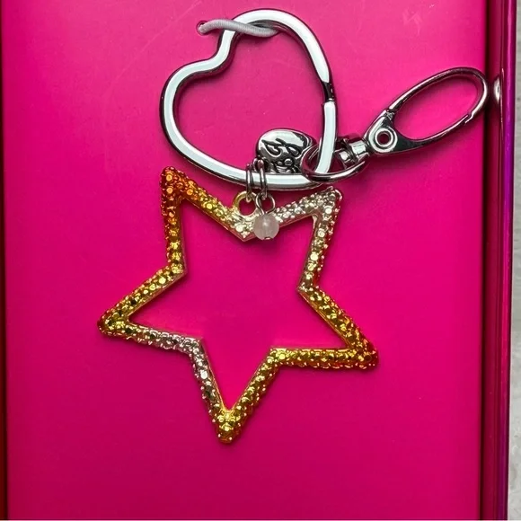 Betsey Johnson Crystal Star Jewelry Charm Keychain Heart Ring Yellow Silver