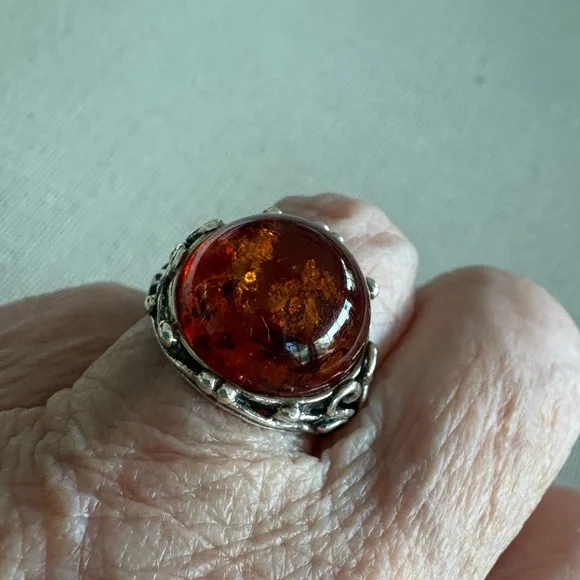 Sterling Silver and Amber Cabochon Bezel Set Ring