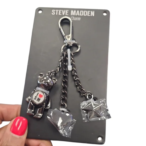 Steve Madden Gunmetal Bear Keychain with Charms
