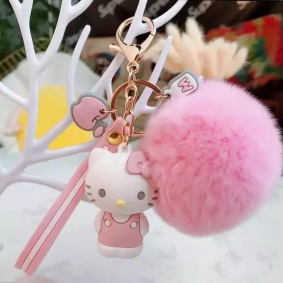 Hello Kitty Pink Fluffy Pom Pom Keychain • NIP