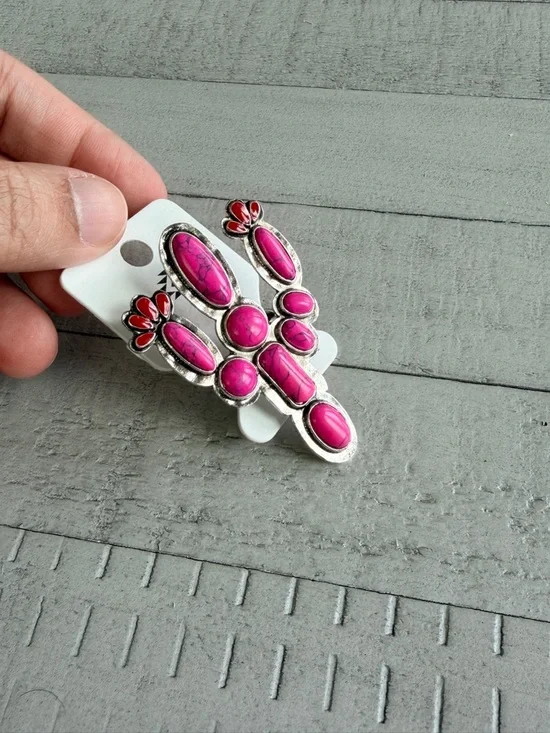 Western Pink Cactus Statement Ring with Red Flower Accents New