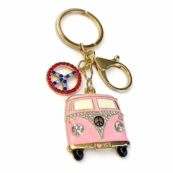 Pink Hippie USA Peace Van Gold Tone Keychain Purse Charm Rhinestone Metal Clip