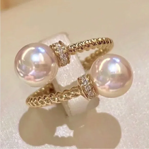 New 18k Yellow Gold Over Silver Cultured Pearl Open Ring