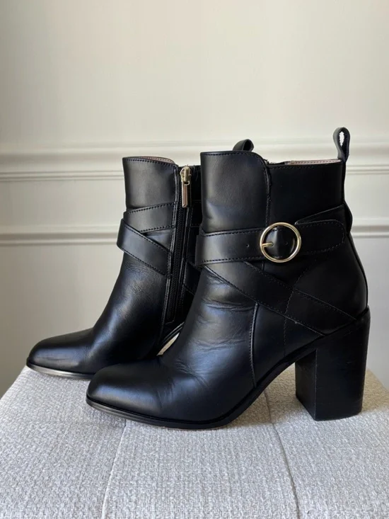 Saks Fifth Avenue Black Leather Ankle Boot with Gold Ring Strap