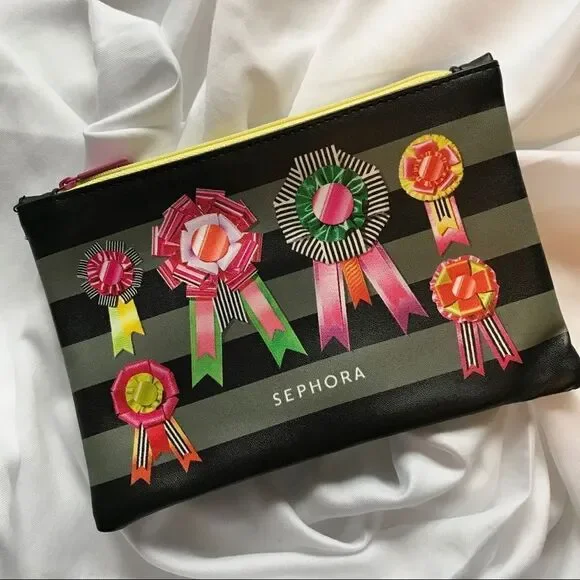 Sephora Makeup Bag Travel Black Yellow Zip Striped Bows NEW
