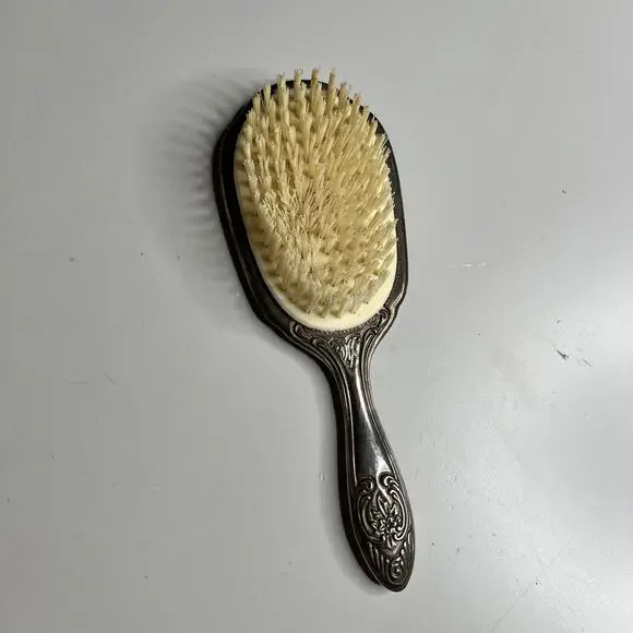 Vintage‎ Silver Tone Hair Brush Ornate Floral Handle Vanity Grooming Decor