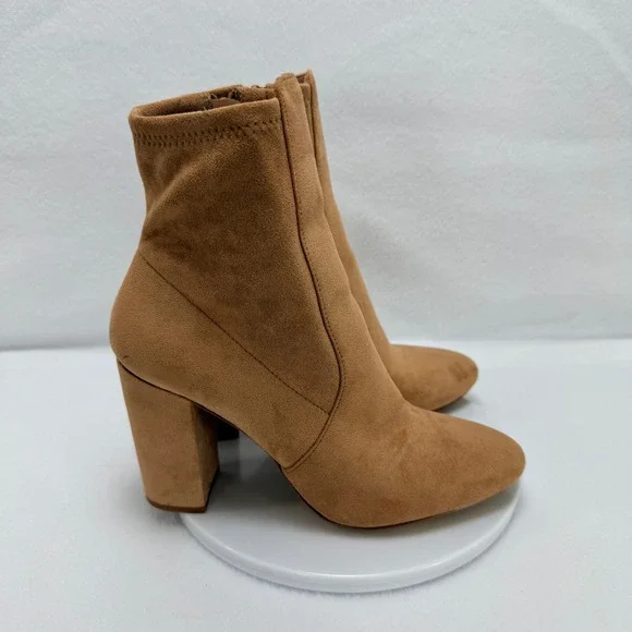 Aldo Suede Ankle Boots Women 7.5 Tan Block Heel Side Zip Neutral Minimalist Chic