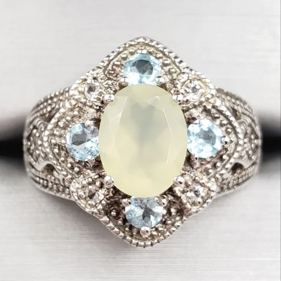 Apatite - White Topaz & Chalcedony 925 Sterling Silver Milgrain Design Ring